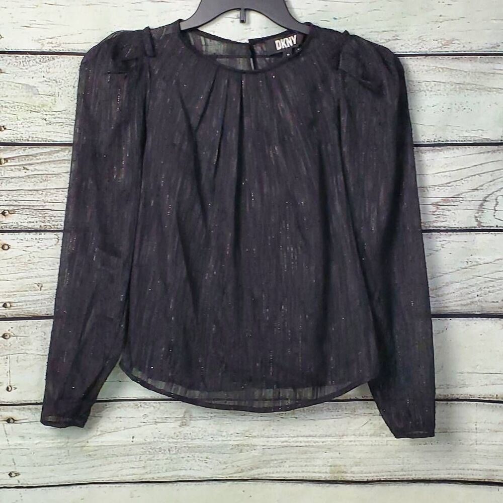 NWT DKNY XS Black Silver Thread Sheer Blouse